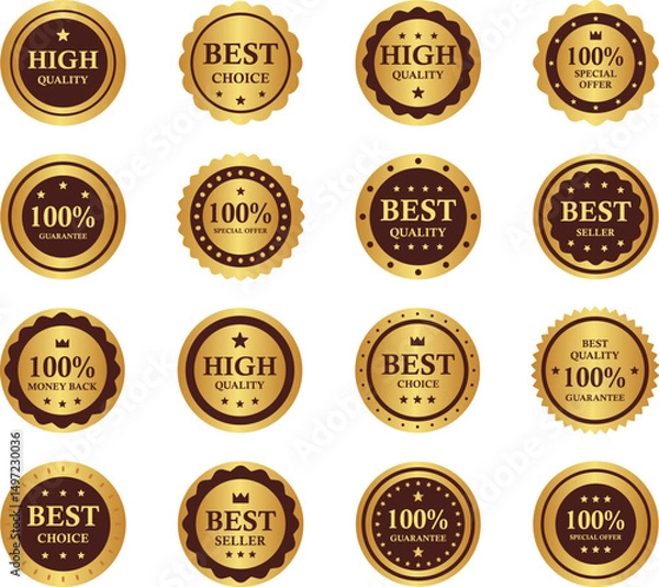 Obraz Luxury Circle Gold Badge illustration set. Includes of gold badge, circle badge, premium badge, elegant badge, and More. Vector flat color collection