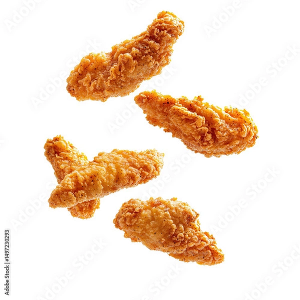 Fototapeta Crispy chicken strips floating in the air, isolated on white background.	