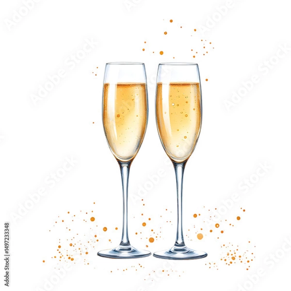 Fototapeta Two champagne flutes filled with bubbly drink against a black background