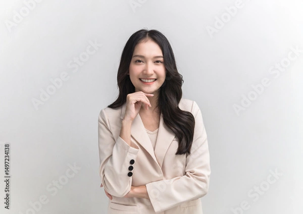 Fototapeta Studio portrait photo of young beautiful Asian woman in formal suit dressing with confident and luxury looking and attractive on white background studio shot.