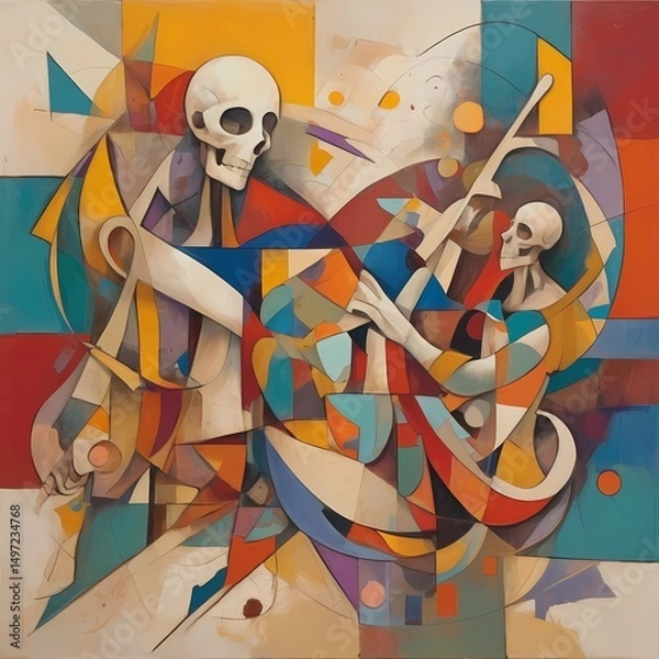 Fototapeta Colorful abstract cubist artwork featuring stylized skeletons holding musical instruments, surrounded by geometric shapes and dynamic compositions.
