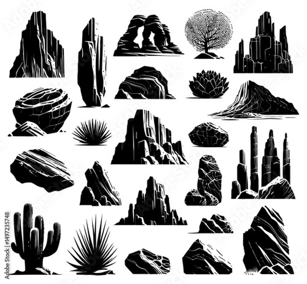 Obraz set of vector silhouettes of rocks, cliffs and plants