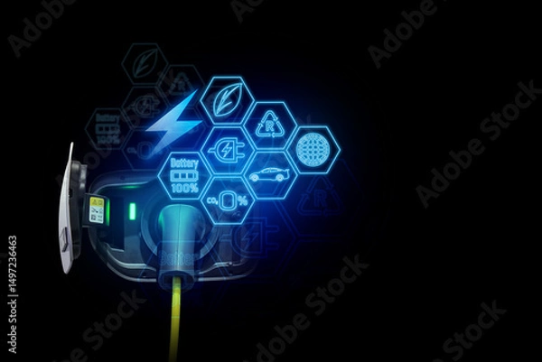 Fototapeta Power cable pump plug in charging power to electric vehicle EV car.