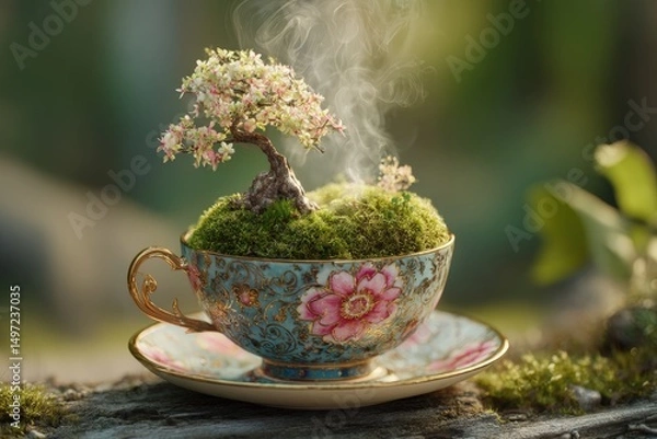 Fototapeta Miniature bonsai tree with pink flowers in an ornate teacup on a saucer, surrounded by moss. Steam rises delicately. Sunlit setting with greenery in soft focus background