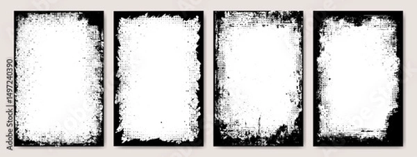 Obraz Grunge frame silhouette, comic watercolor background, business photo collage and social media banner border with halftone effect and paint brush stroke texture. Luxury torn paper layout pattern art.