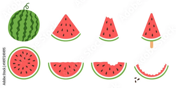 Obraz Fresh ripe watermelon set. Whole and sliced fruit, bitten watermelon slice. Summer fruit theme. Vector illustration isolated on white background.