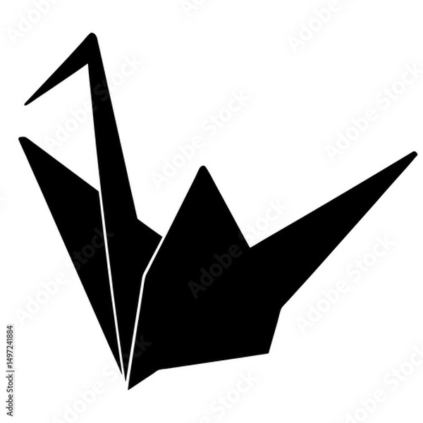 Fototapeta Elegant black silhouette of an origami crane against a stark white background