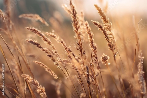 Fototapeta Golden stalks of wild grass sway gently in a sunlit field, capturing the warmth of a late afternoon sun. The soft focus creates a dreamy, serene atmosphere with a subtle glow