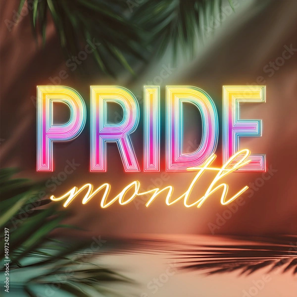 Obraz pride month colorful sign over tropical palm leaves interior square background