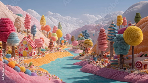 Fototapeta Bright Candyland Landscape With Candy River And Pastel Mountains