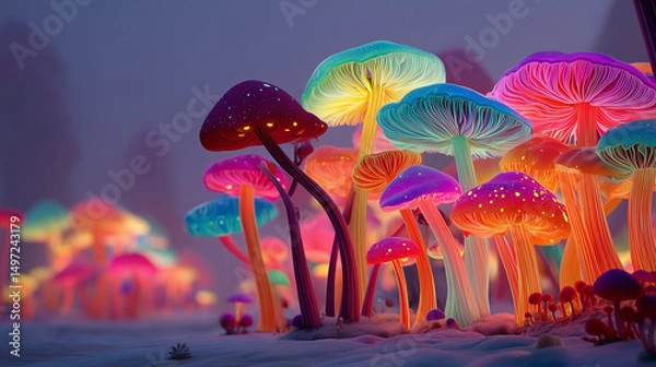 Fototapeta Magical Forest Of Bioluminescent Mushrooms At Dusk