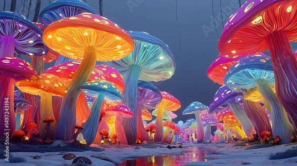 Fototapeta Vibrant Bioluminescent Mushrooms In A Mystical Forest