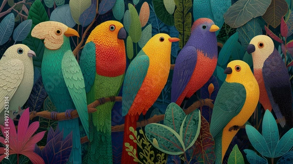 Fototapeta Vibrant Rainforest Birds Perched Among Exotic Foliage