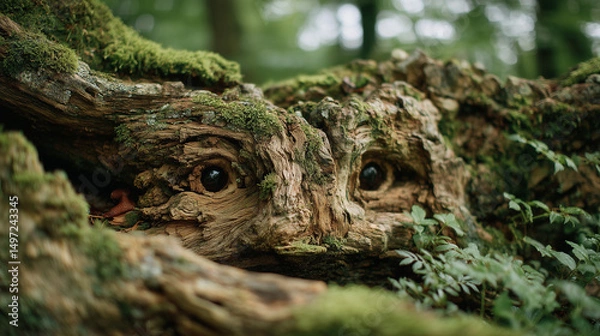 Fototapeta Mysterious Tree Trunk With Carved Eyes In Forest