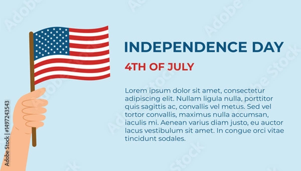 Obraz USA Independence Day banner. 4th of july celebration. Web page template. Hand holding American flag. Vector illustration.