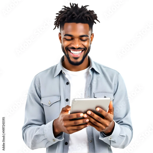 Fototapeta A smiling man with a beard holding a tablet against a black background