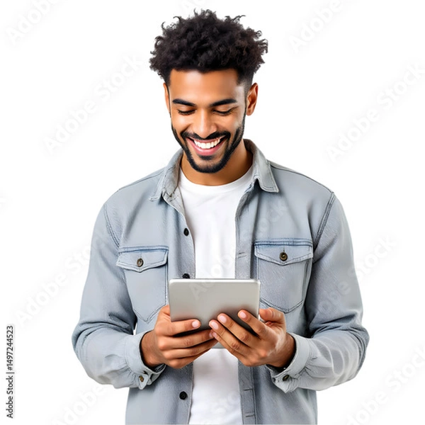 Fototapeta A smiling man with curly hair looking at a tablet on a black background