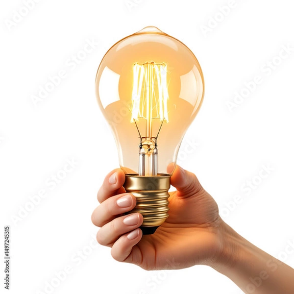 Fototapeta A hand holding a glowing light bulb with a black background in the studio