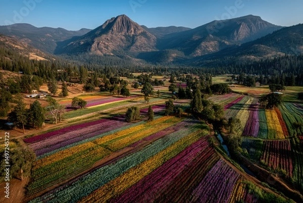 Obraz Aerial view of a vibrant flower field with various colors. Mountains in the background under a clear blue sky. Lush greenery surrounds the area.