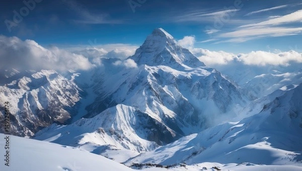 Fototapeta Snow-covered mountain range with a prominent peak under a partly cloudy sky. Majestic mountain landscape. High-altitude scenery and icy terrain.