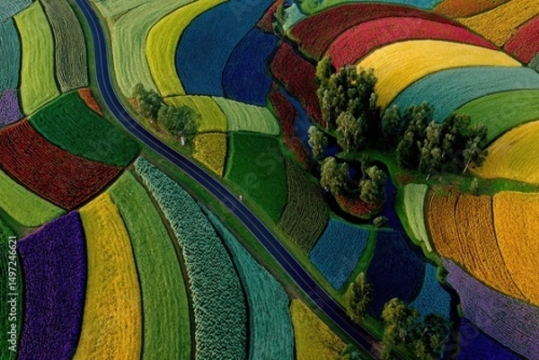Obraz Aerial view of vibrant, multicolored fields with rolling hills and a winding road. The landscape features patches of flowers in various shades of purple, yellow, and green.