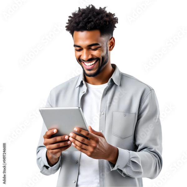 Fototapeta Smiling man using tablet device while wearing a gray shirt on black background
