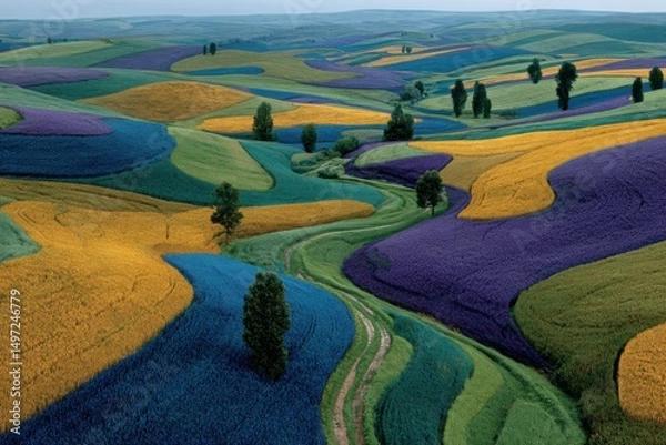 Obraz Vibrant landscape with rolling hills covered in colorful fields of flowers. The scene features patches of yellow, purple, and blue, creating a picturesque view.