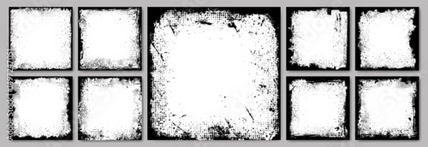 Obraz Halftone dot pattern frame background with torn paper texture and watercolor grunge paint brush stroke. Business banner border, luxury comic silhouette and retro fashion photo collage for social media