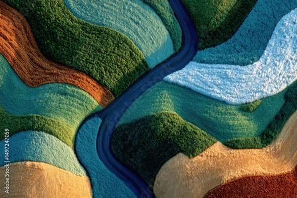 Obraz Aerial view of colorful agricultural fields with winding river. The landscape features vibrant green, brown, and blue patches, showcasing diverse farming techniques.