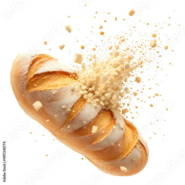Fototapeta A loaf of bread with crumbs exploding from the center on a black background
