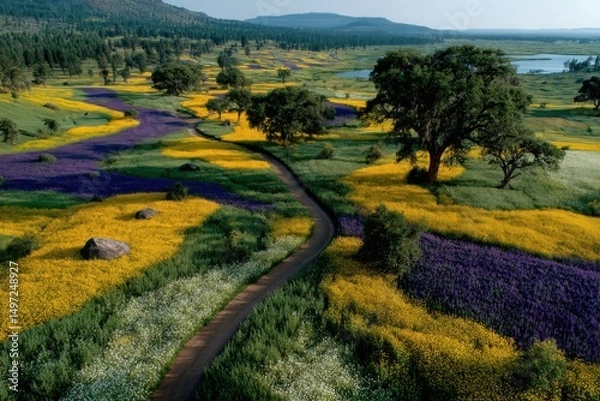 Fototapeta Aerial view of colorful agricultural fields with lake on the background 