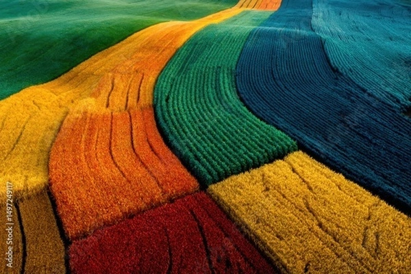 Obraz Aerial view of vibrant, multicolored fields with rolling hills and a winding road. 
