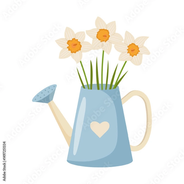 Fototapeta Daffodils in a watering can isolated. Spring-summer composition. Vector illustration flower.
