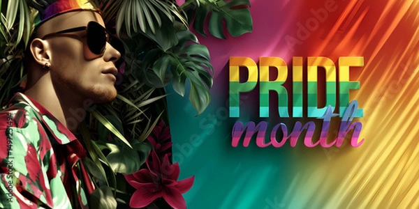 Fototapeta abstract composition with pride month colorful word over wall & tropical leaves background; young man profile