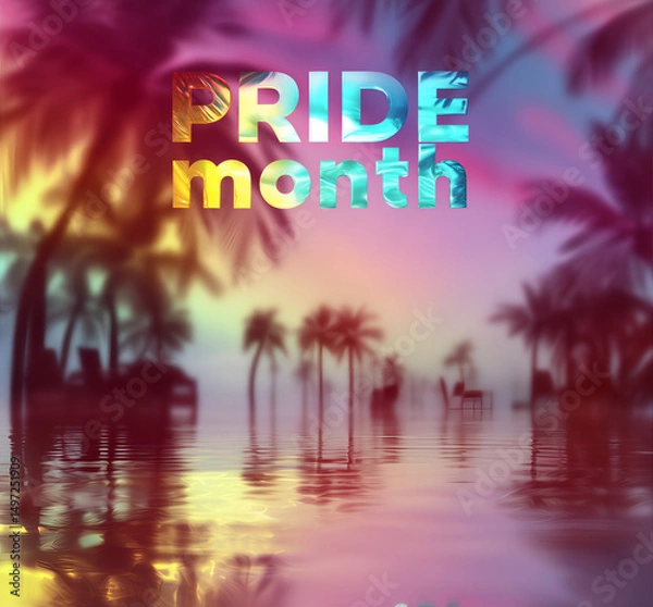Obraz astonishing pride month colorful text over tropical palm trees and water with reflection abstract nature square background; sunset sky; design with copy space