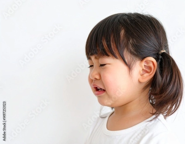 Fototapeta 横顔で泣き出しそうな幼い女の子のポートレート（白背景）