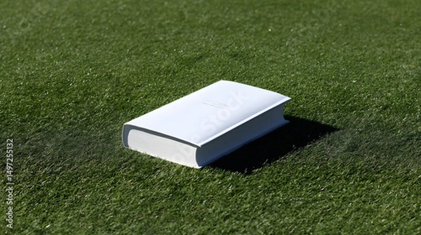 Fototapeta Minimalist white hardcover book lying on green grass, symbolizing outdoor learning, relaxation, and nature-inspired reading in a peaceful and clean setting.

