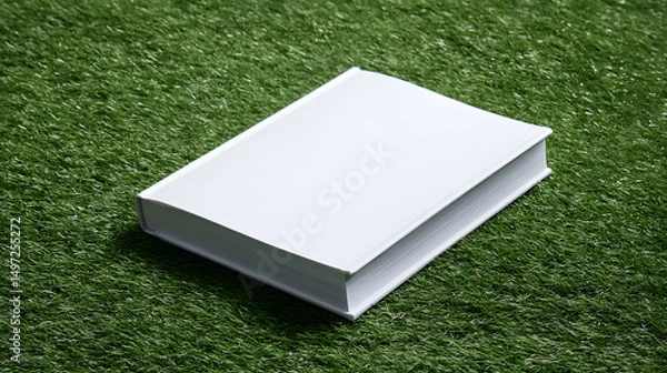 Fototapeta Minimalist white hardcover book lying on green grass, symbolizing outdoor learning, relaxation, and nature-inspired reading in a peaceful and clean setting.
