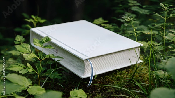 Fototapeta Minimalist white hardcover book lying on green grass, symbolizing outdoor learning, relaxation, and nature-inspired reading in a peaceful and clean setting.
