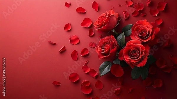 Fototapeta Luxurious floral arrangement of realistic red roses and petals on a seamless red backdrop  