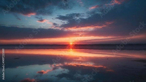 Fototapeta Sunset over a calm lake with reflections of the sky and clouds on the water surface.
