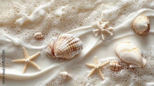 Fototapeta Luxury coastal decor layout with creamy textures, conch shells, and starfish, perfect for spa or resort themes 