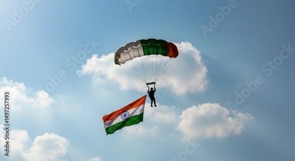 Obraz Aerial Indian Flag Displayed by Parachutist Against Bright Sky