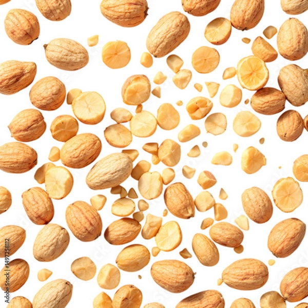 Fototapeta An overhead shot of a scattered assortment of macadamia nuts and pieces