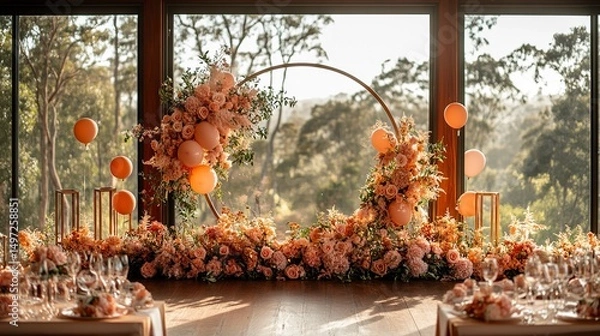 Fototapeta Luxury indoor party decor with round metal frame, soft balloons, and minimal floral touches 