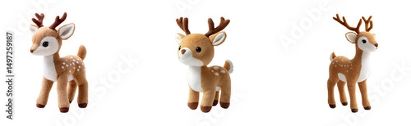 Fototapeta A full-body plushie of a gentle deer with soft antlers and a white belly, standing gracefully on a transparant background.
