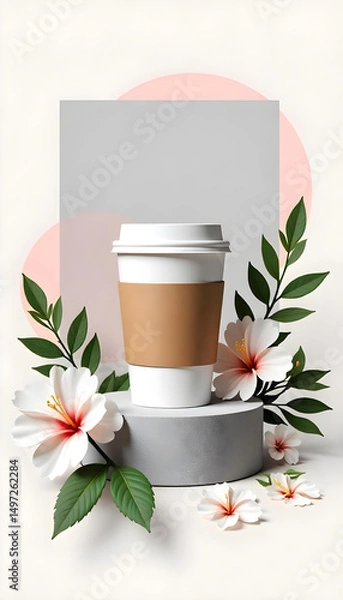 Obraz Stylish coffee cup with floral arrangement and artistic background in soft pastel colors