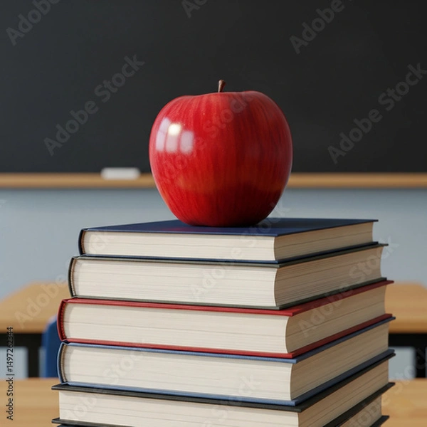 Obraz back to school concept. red apple on a stack of books. Stacking books with a red apple in the classroom in front of black board.
