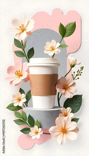 Obraz Refreshing Coffee Cup Surrounded by Vibrant Flowers and Green Leaves on Soft Pastel Background
