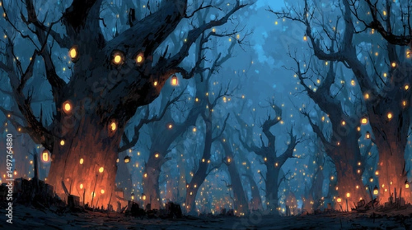 Fototapeta Enchanted Forest Path With Magical Glowing Lights In Ancient Trees
